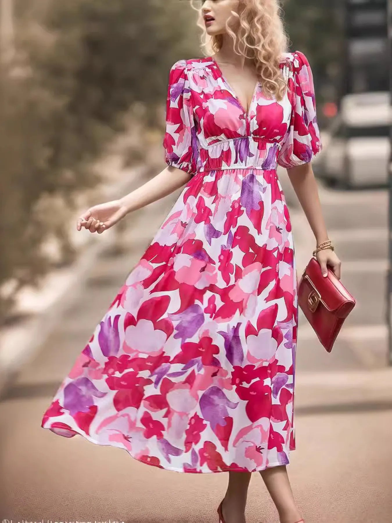 Printed Surplice Puff Sleeve Dress.