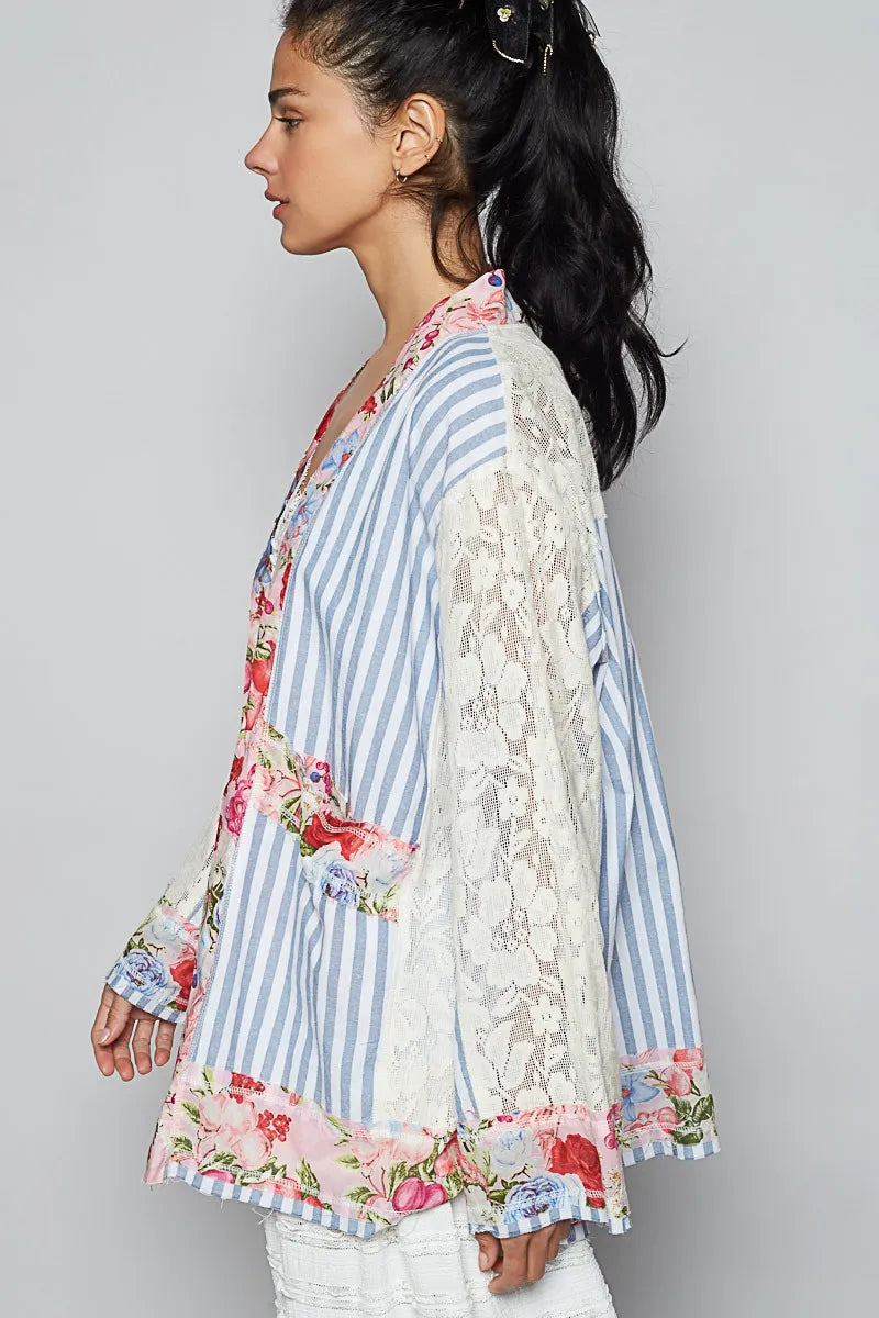 POL Lace Long Sleeve Striped Cardigan with Floral Patchwork Detail.