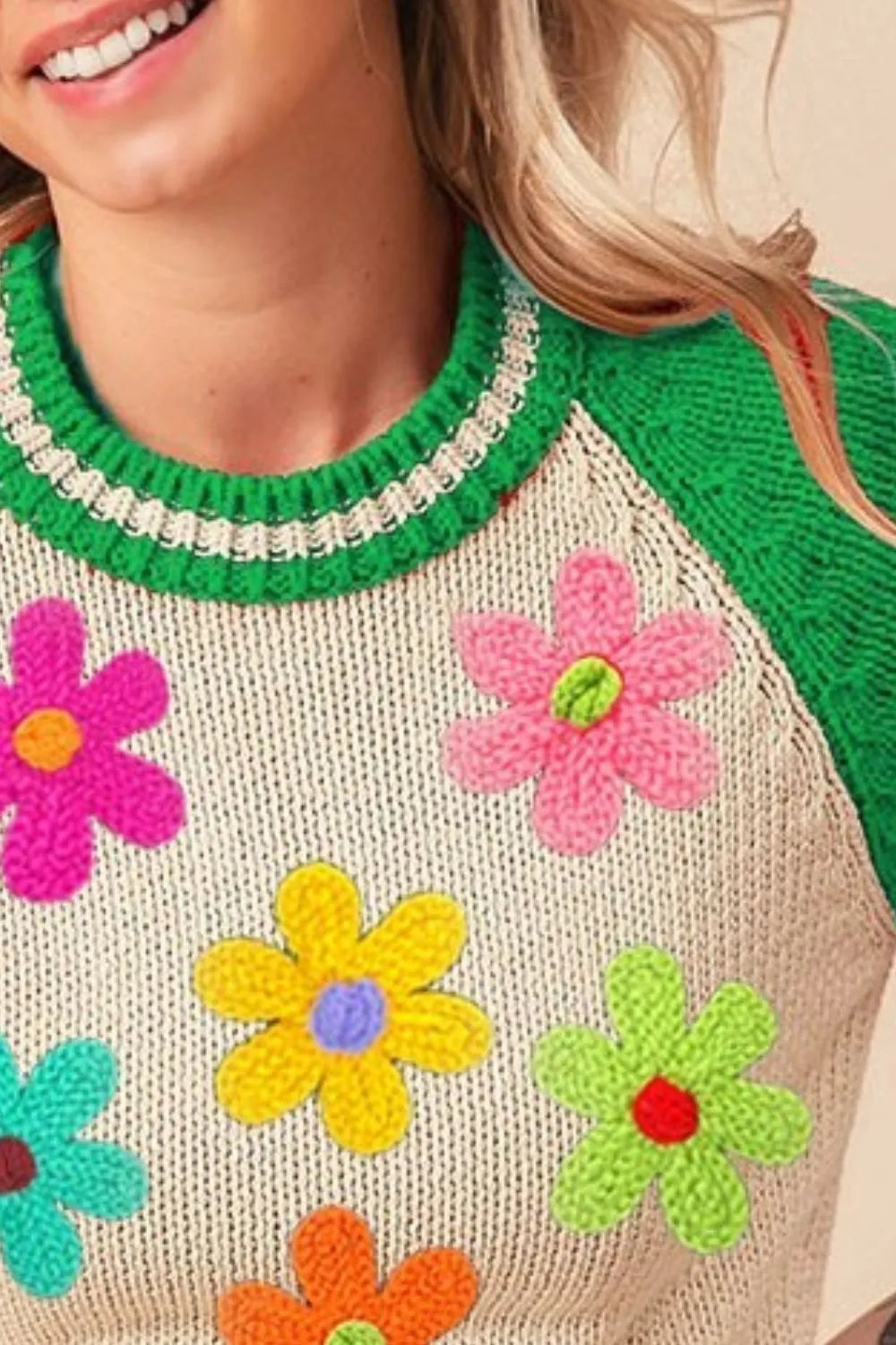 BiBi Crochet Flower Patches Striped Rib Band Sweater Trendsi