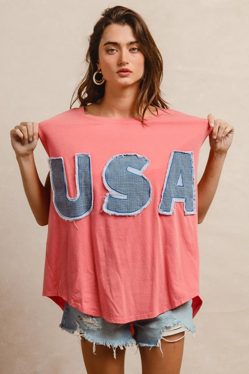 BiBi Washed Jersey With Usa Patched Raw Cut Edge Detail Trendsi