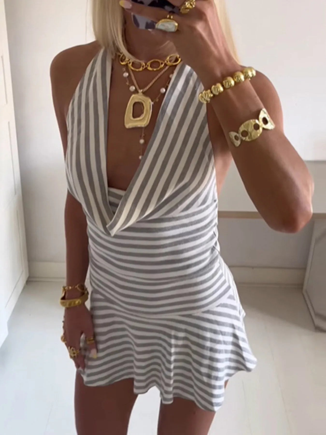 Striped Halter Neck Mini Dress.