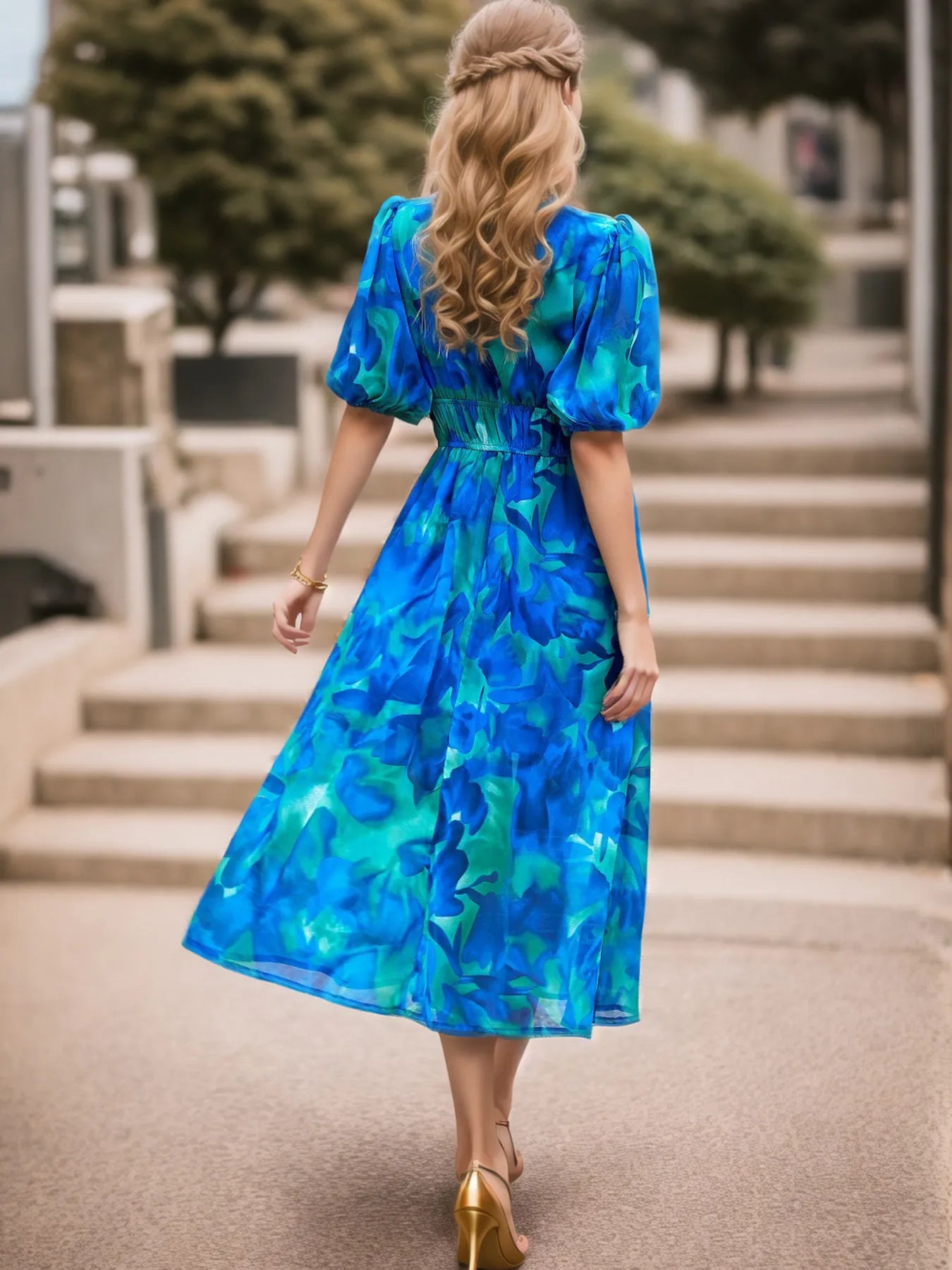 Printed Surplice Puff Sleeve Dress.