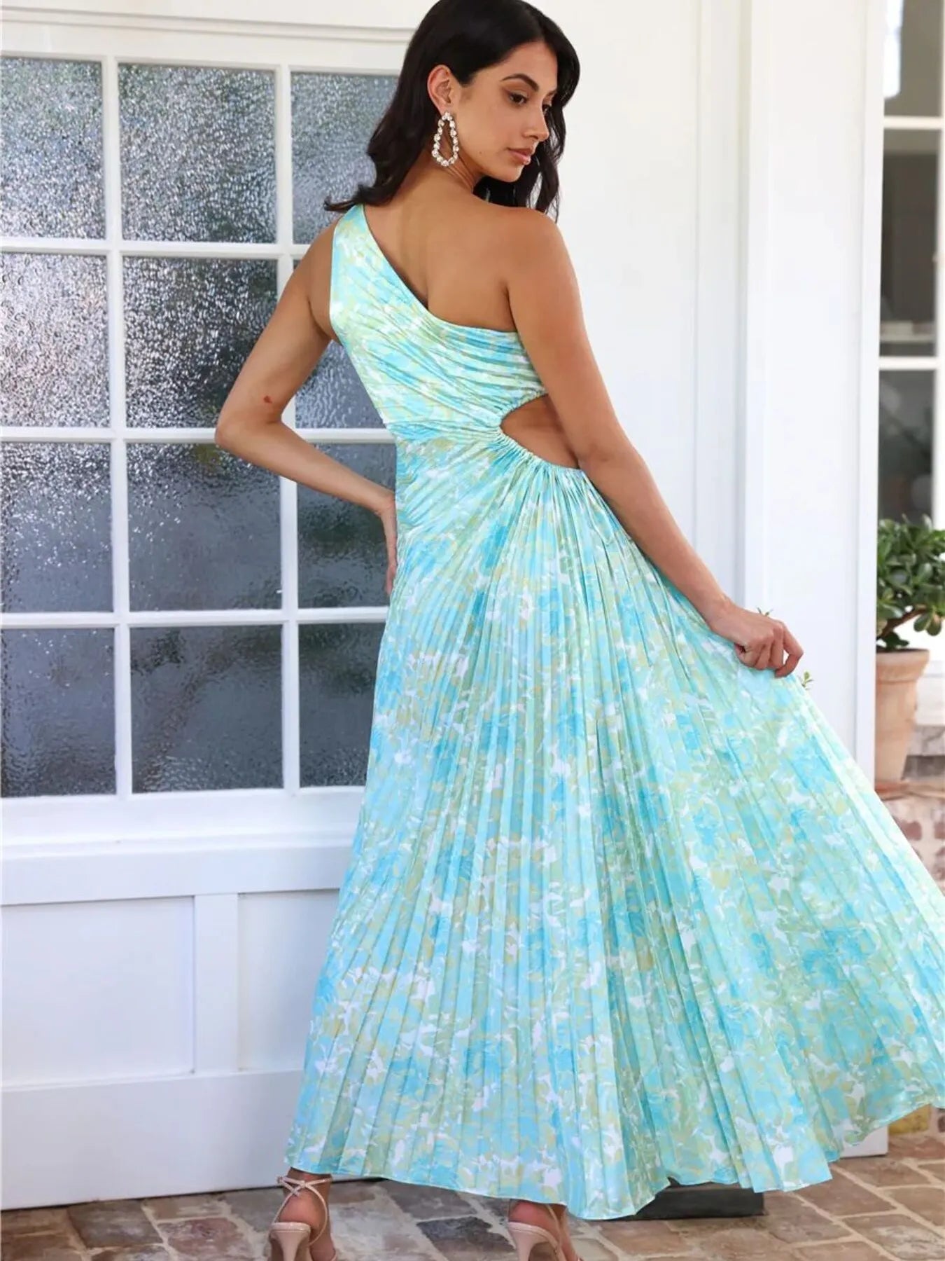 Full Size Single Shoulder Pleated Midi Dress Plus Size.