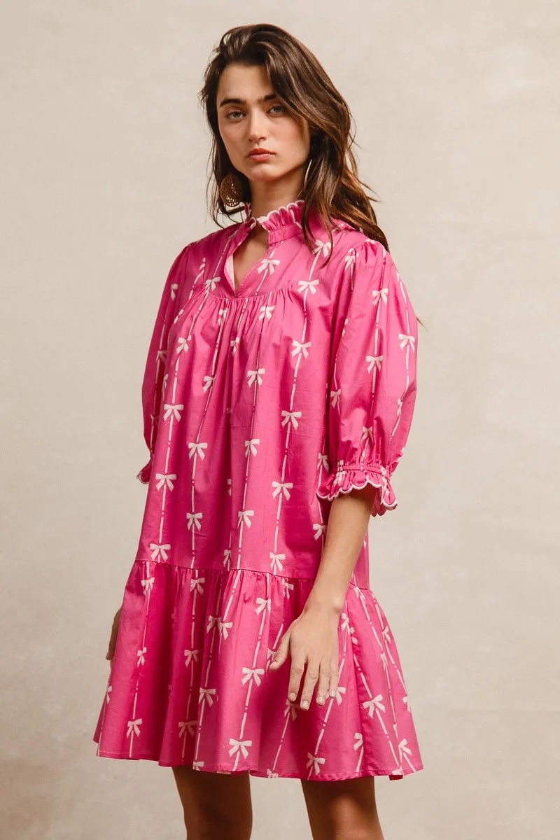 BiBi Ribbon Patterns With Scallops Edge Details Short Sleeve Dress Trendsi