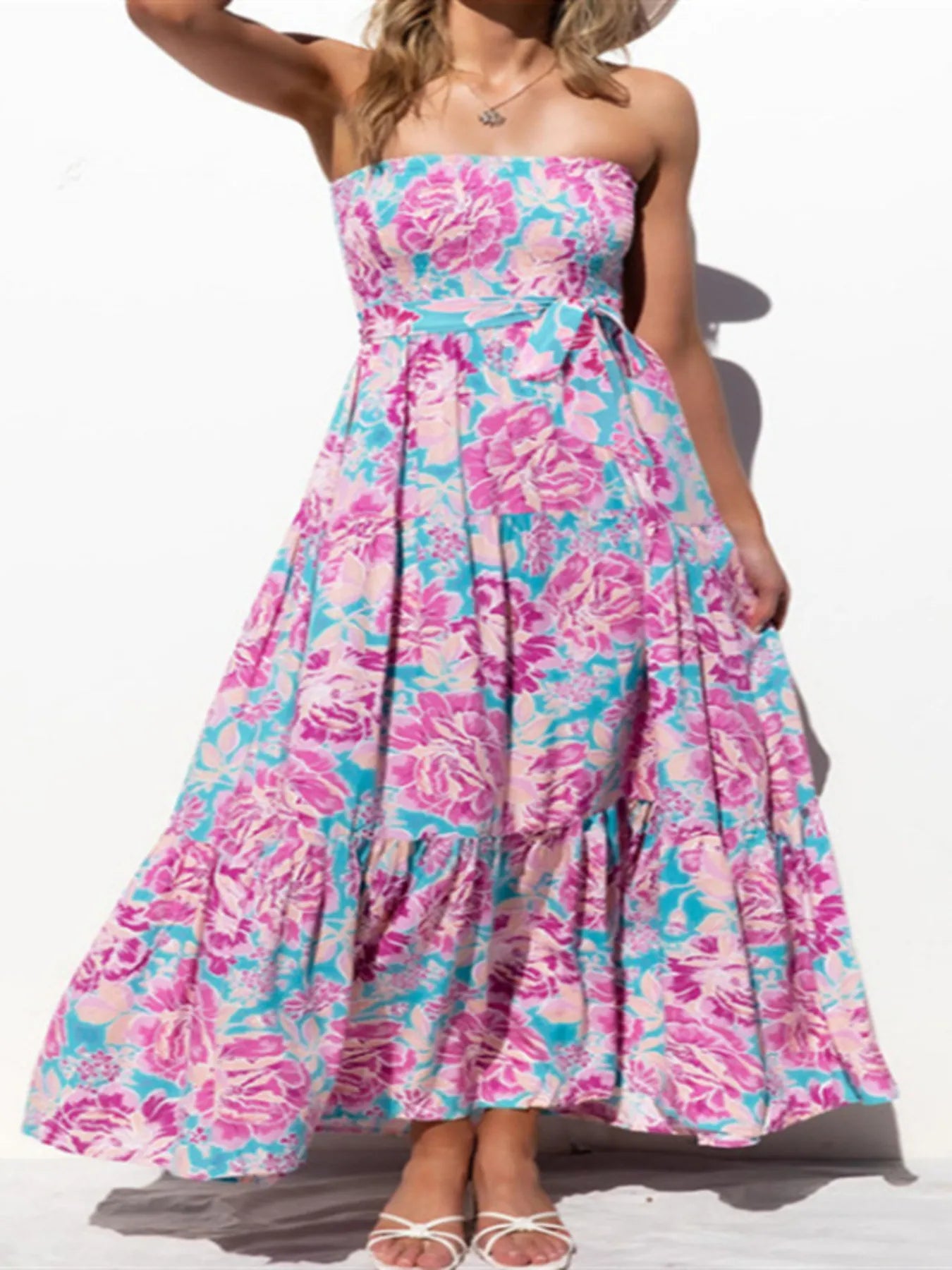 Floral Strapless Tiered Maxi Dress with Tie Belt.