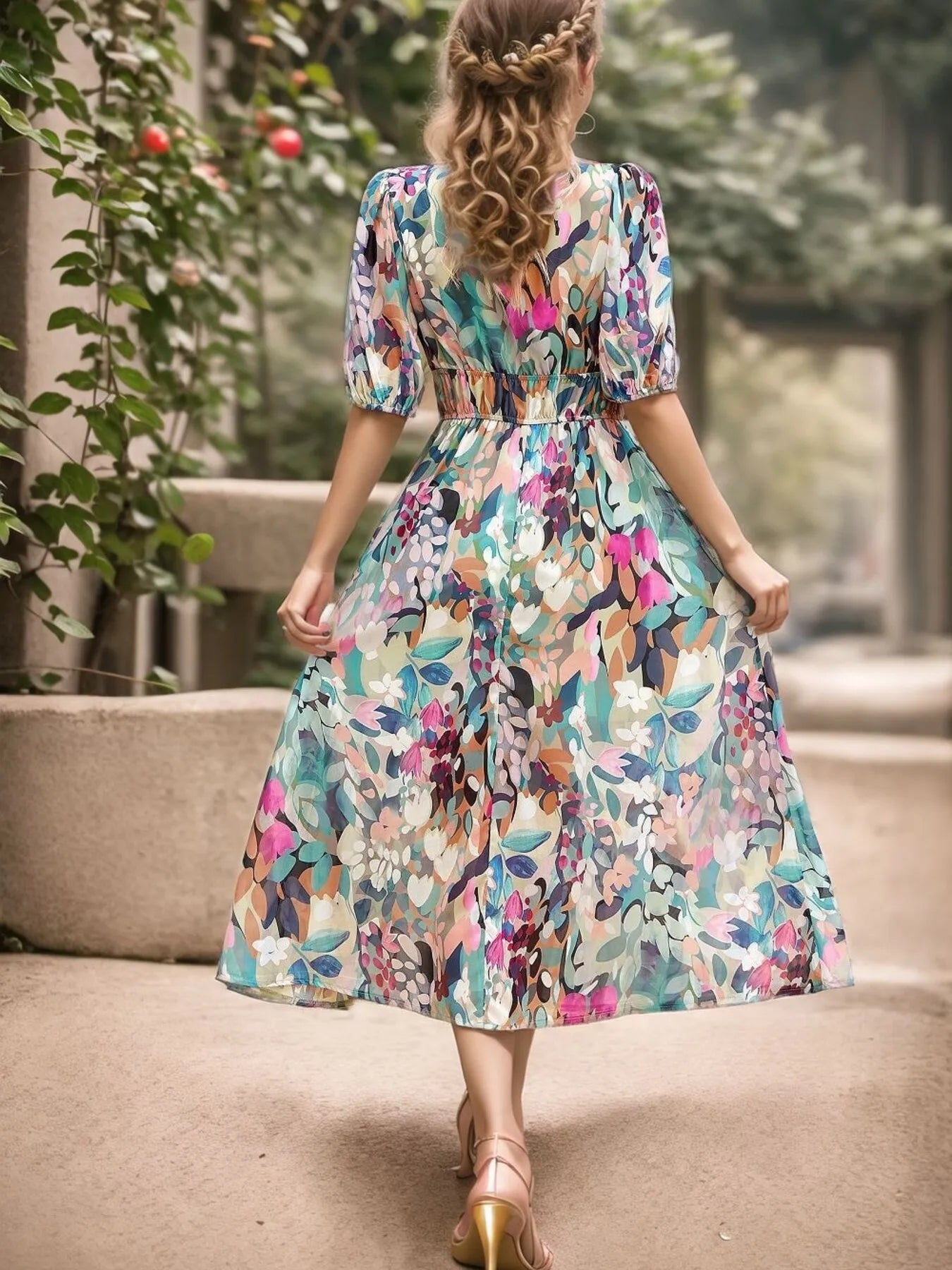 Printed Surplice Puff Sleeve Dress.