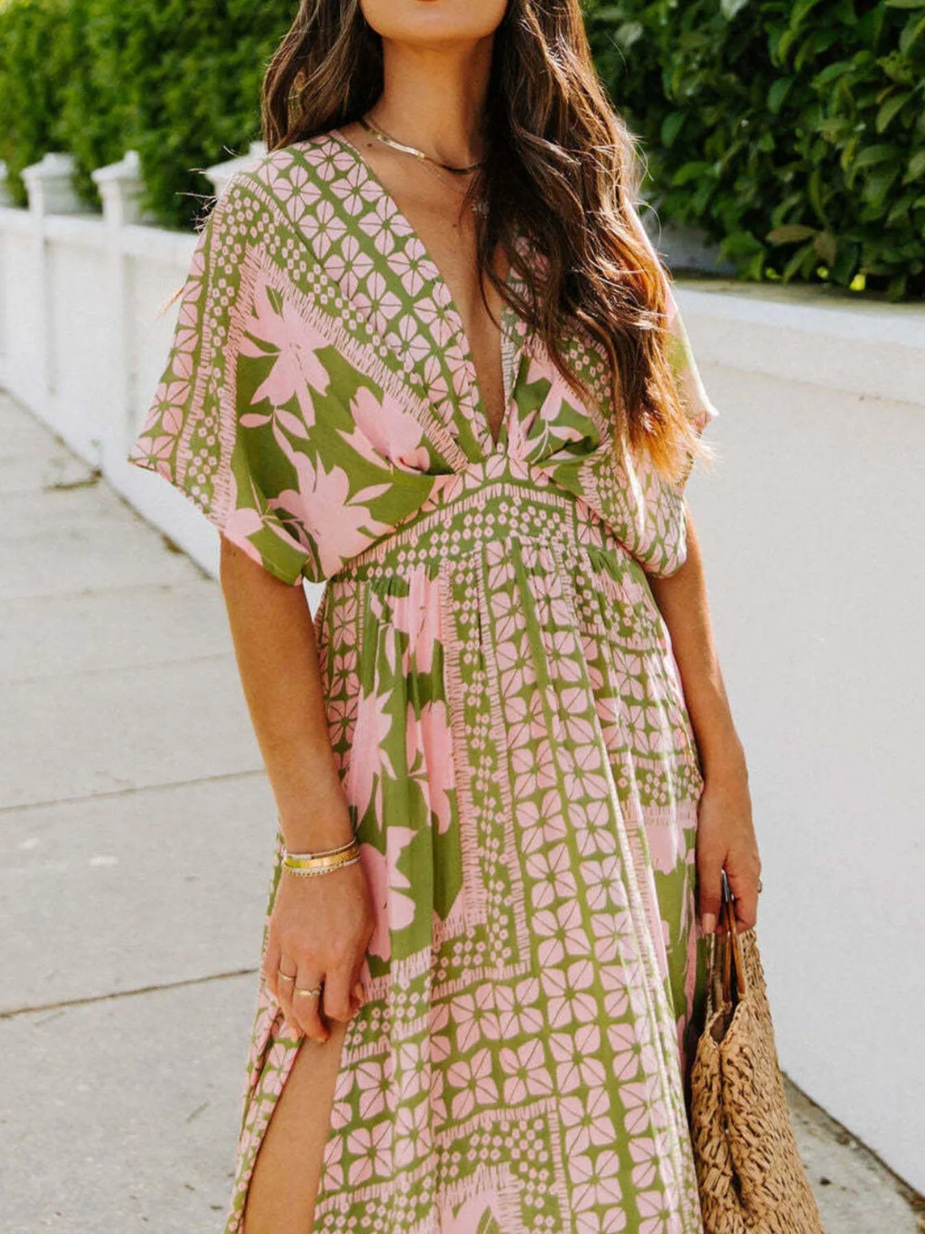 Floral Deep V-Neck Flutter Sleeves Dress.