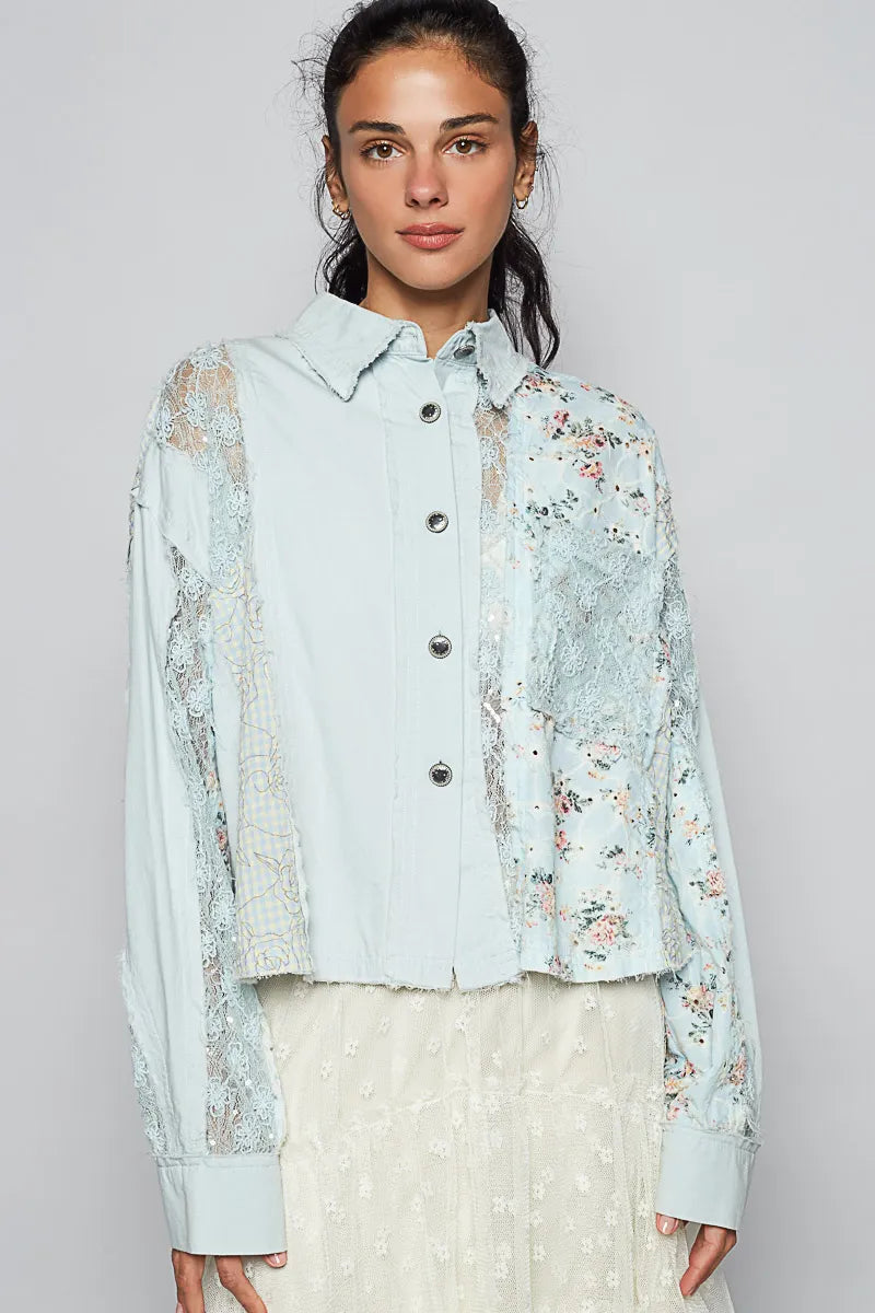 POL Floral Long Sleeve Shirt with Lace Panel Details.