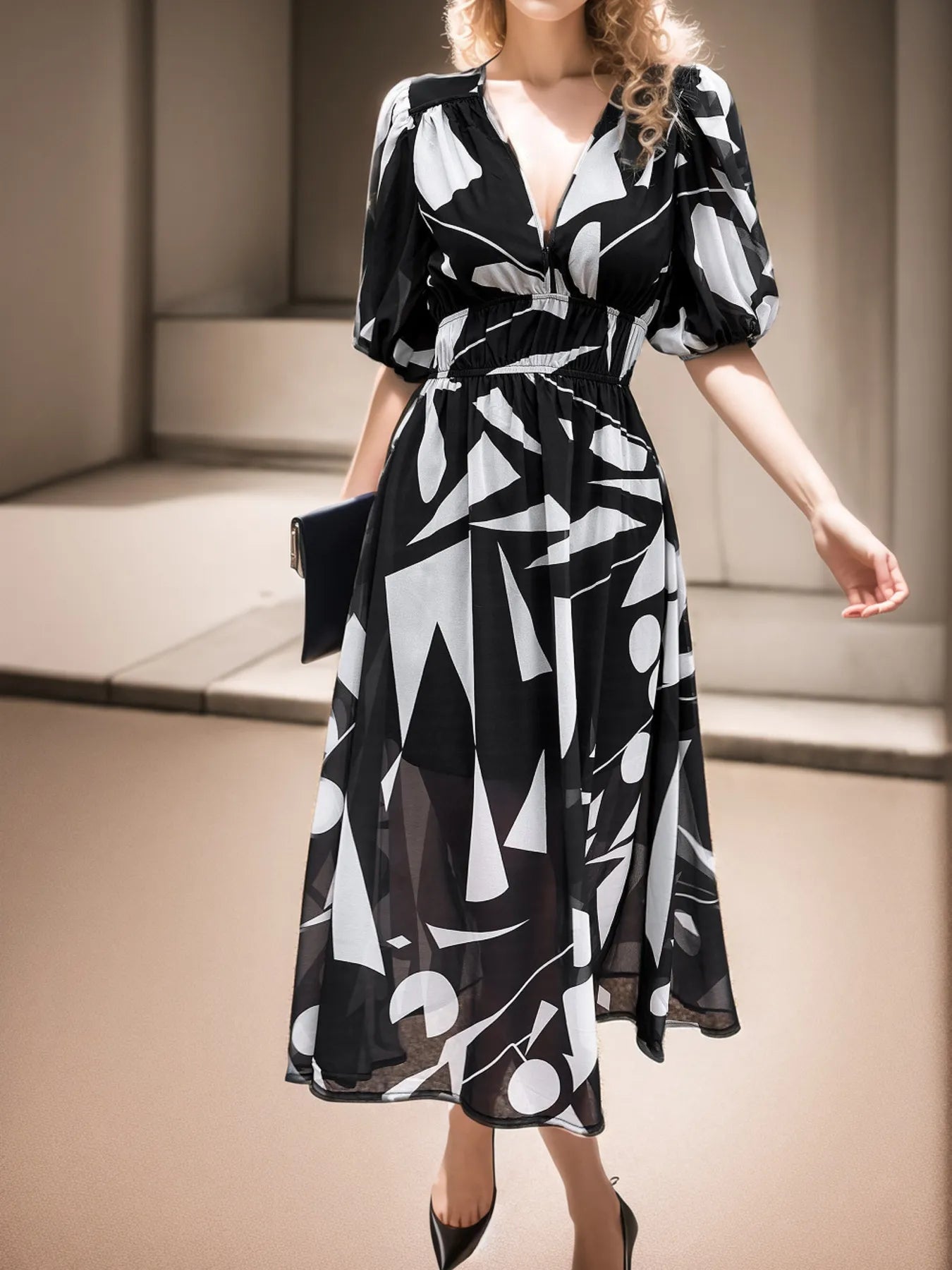 Printed Surplice Puff Sleeve Dress.