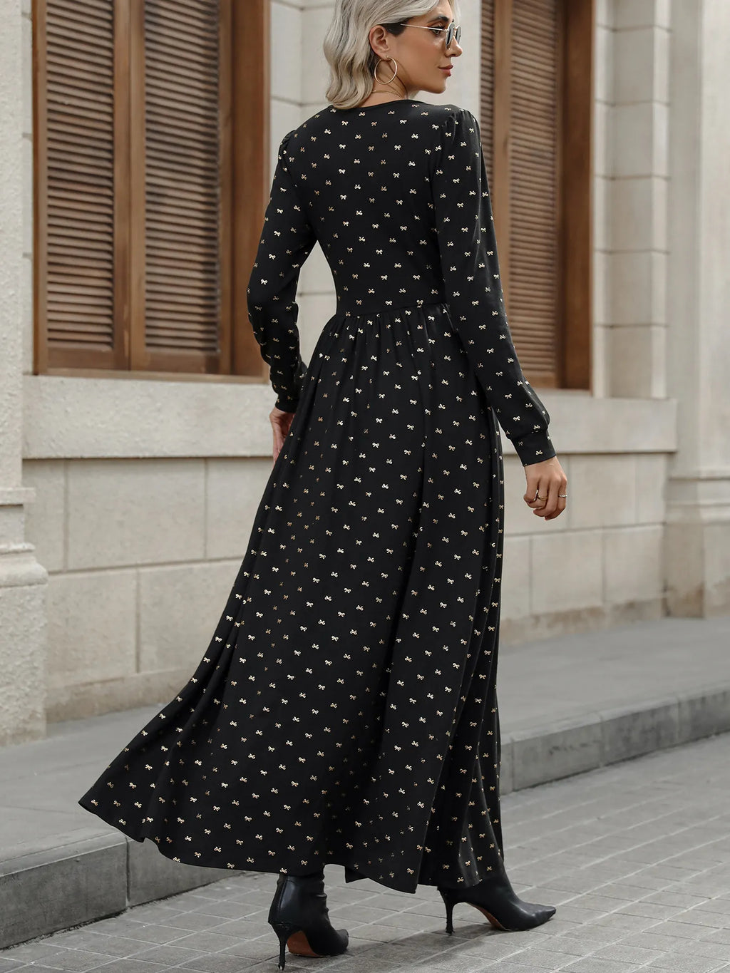 Bow Long Sleeve V-Neck Maxi Dress.