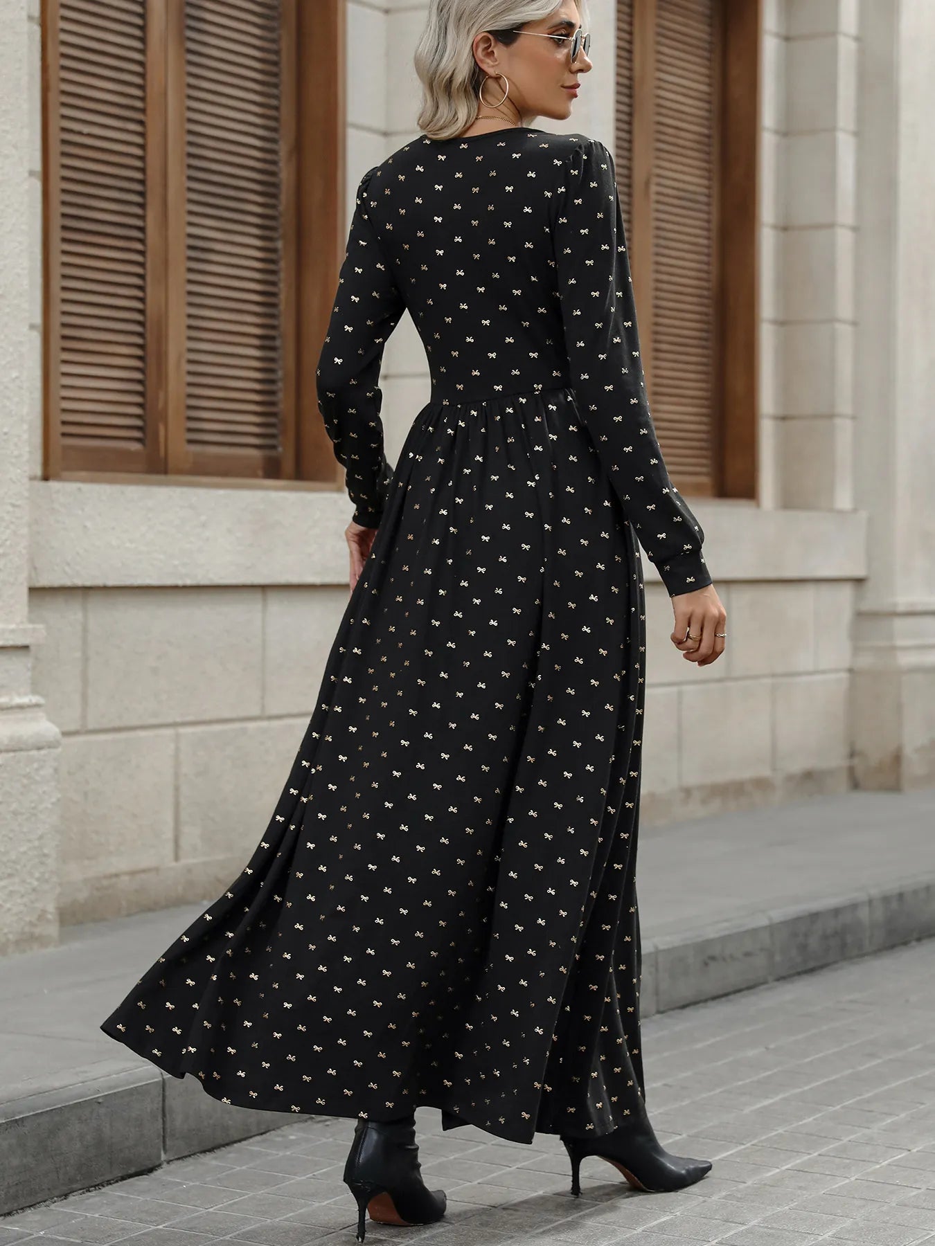 Bow Long Sleeve V-Neck Maxi Dress.