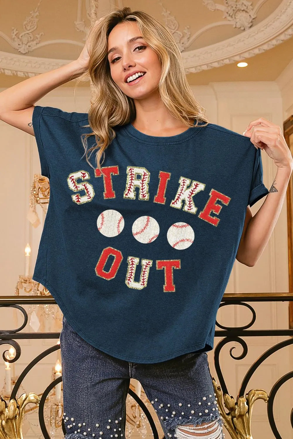 Strikeout Letter Patches Washed Short Sleeve Top THE ROYAL BOUTIQUE