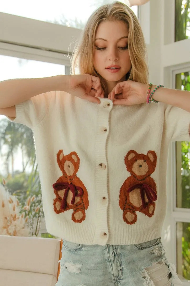 Teddy Bear With Bow Patched Sweater Button Down Top THE ROYAL BOUTIQUE