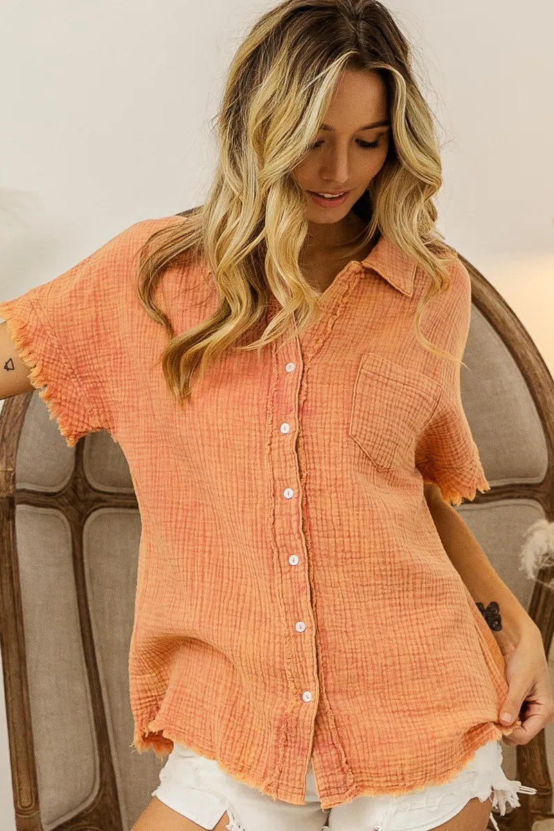 BiBi Mineral Washed Buttoned Up Shirt Top Trendsi