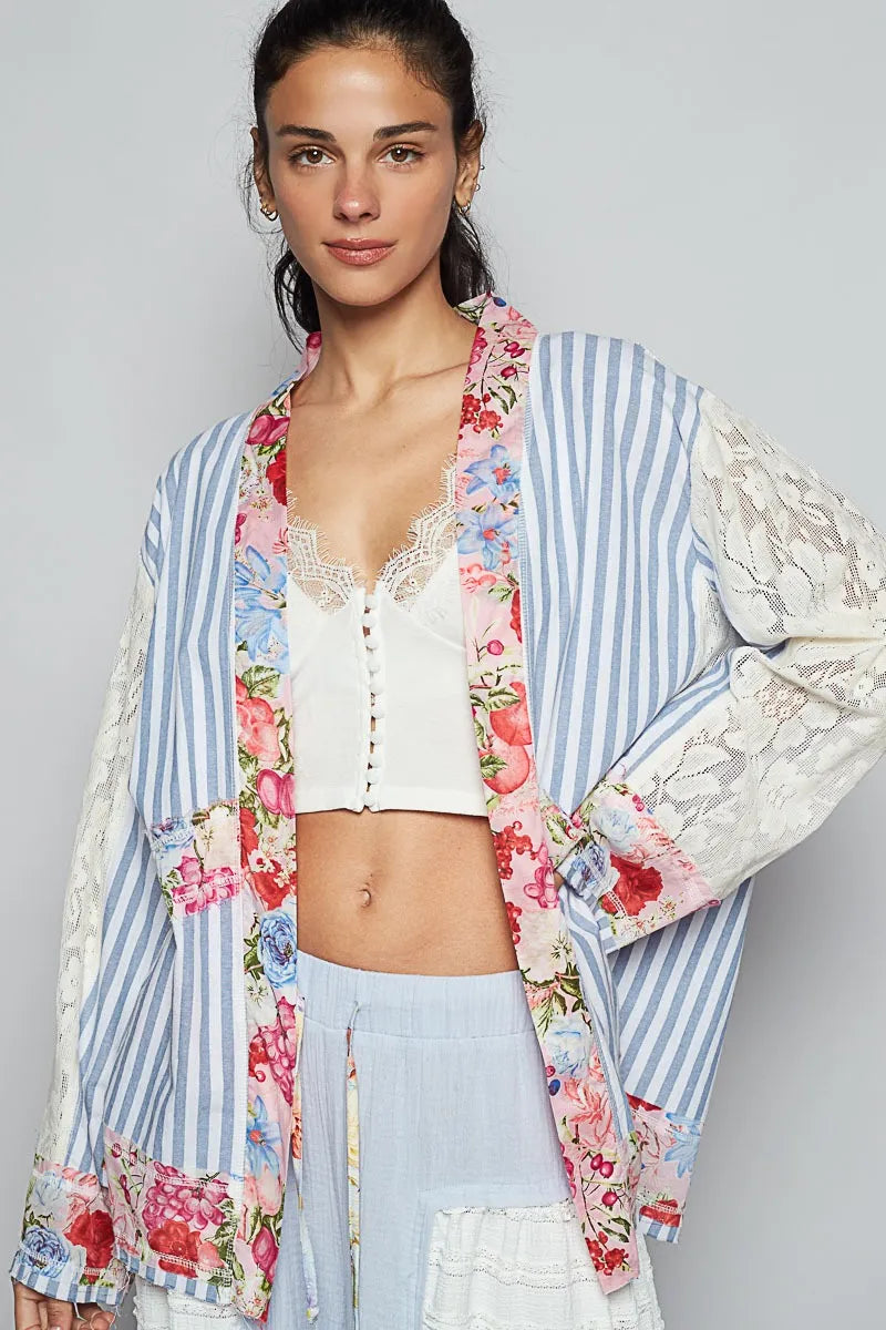 POL Lace Long Sleeve Striped Cardigan with Floral Patchwork Detail.