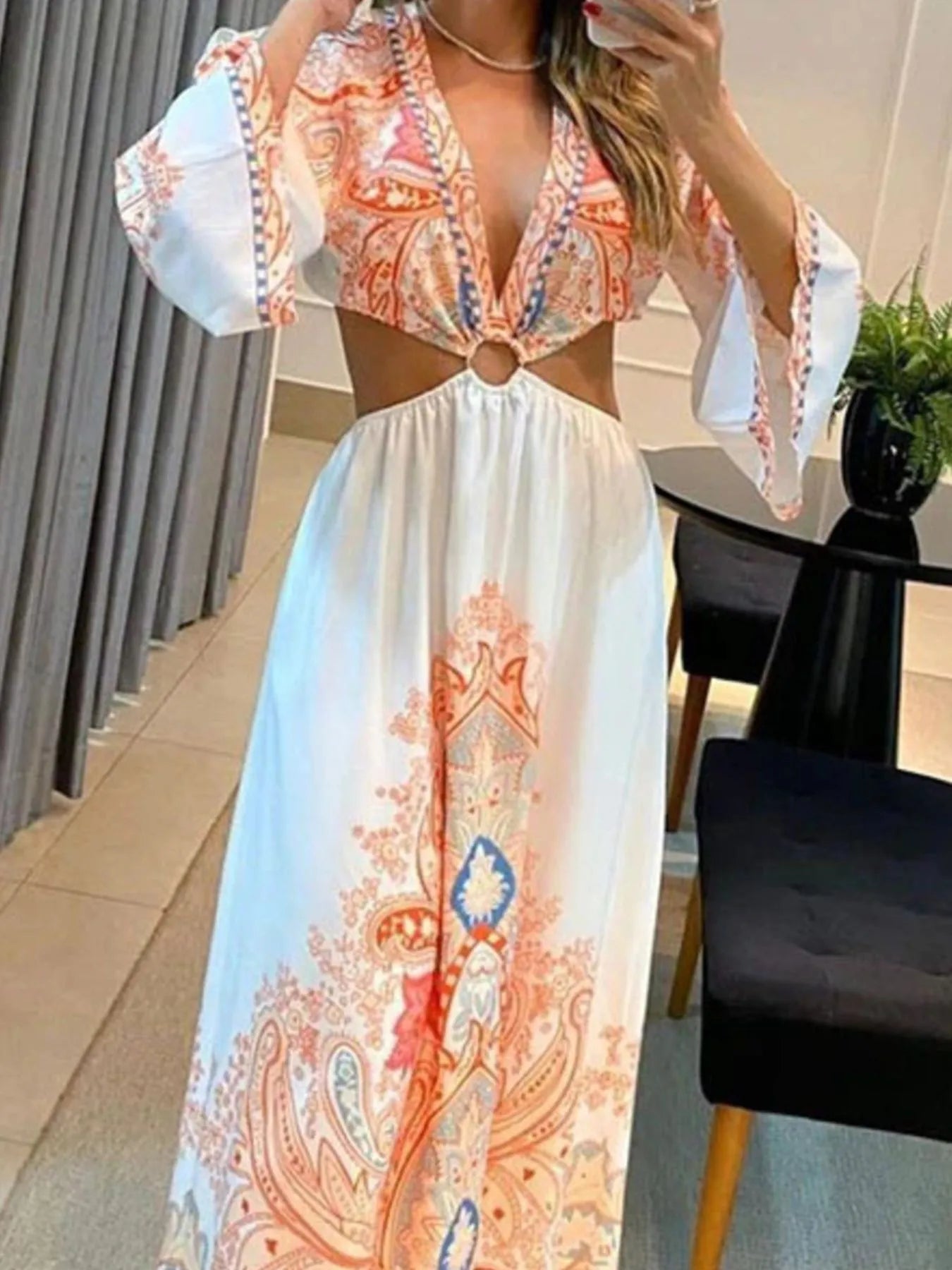Paisley Print Cut-Out Maxi Dress.