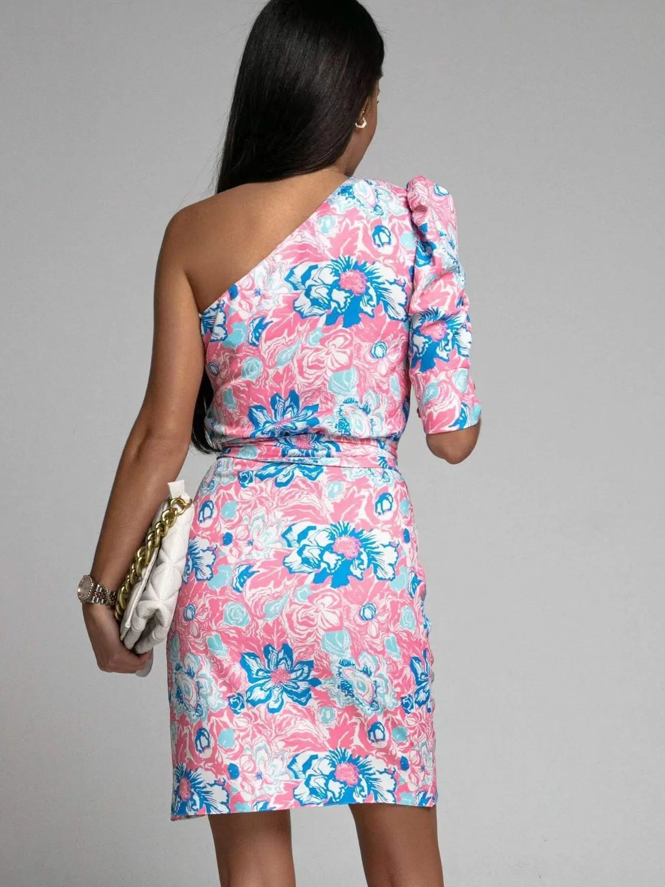Printed One Shoulder Mini Dress.