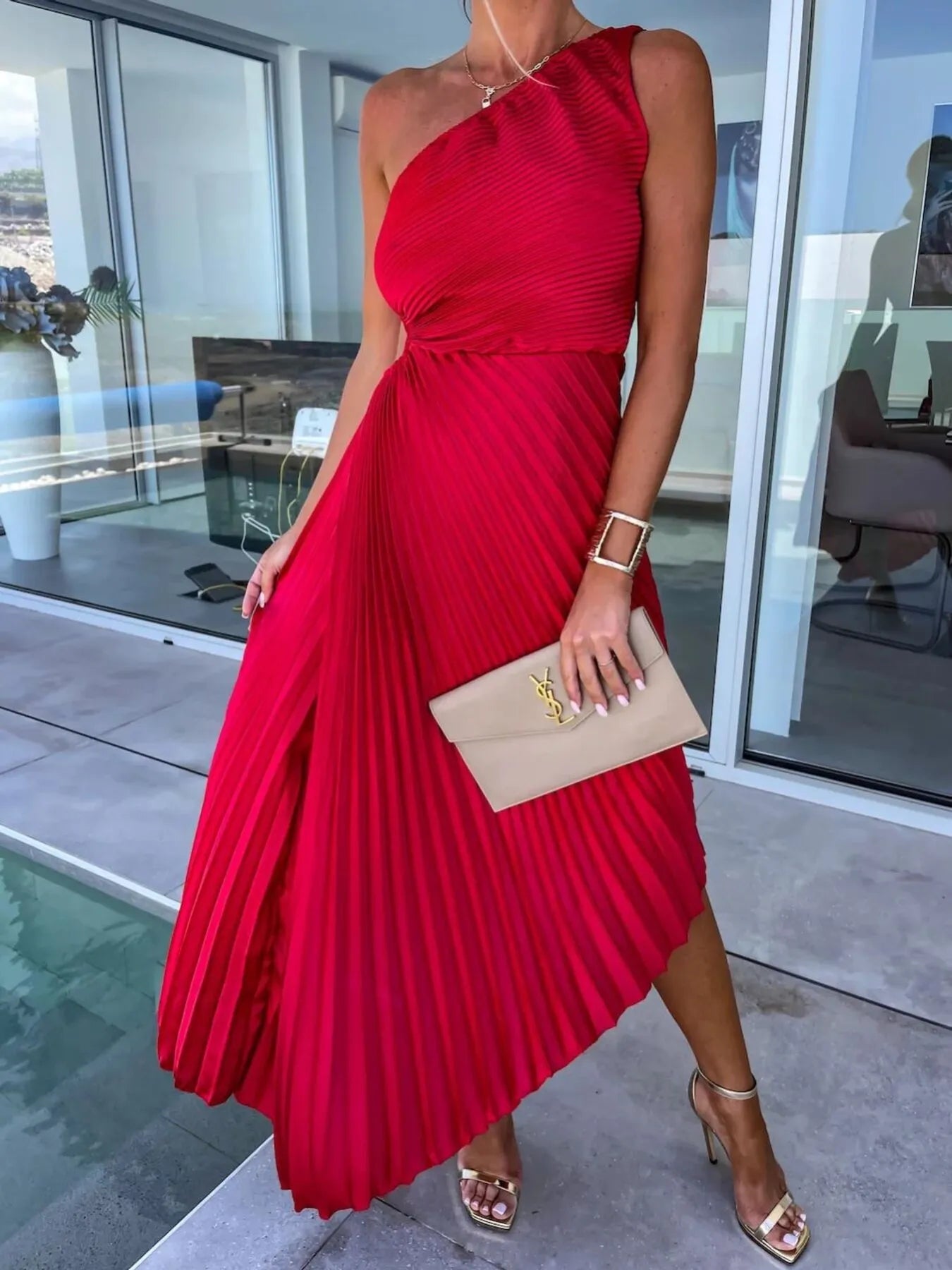 Full Size Single Shoulder Pleated Midi Dress Plus Size.