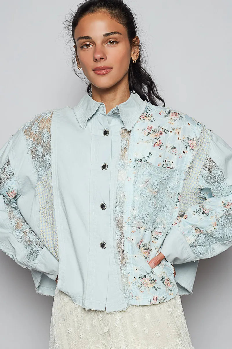 POL Floral Long Sleeve Shirt with Lace Panel Details.