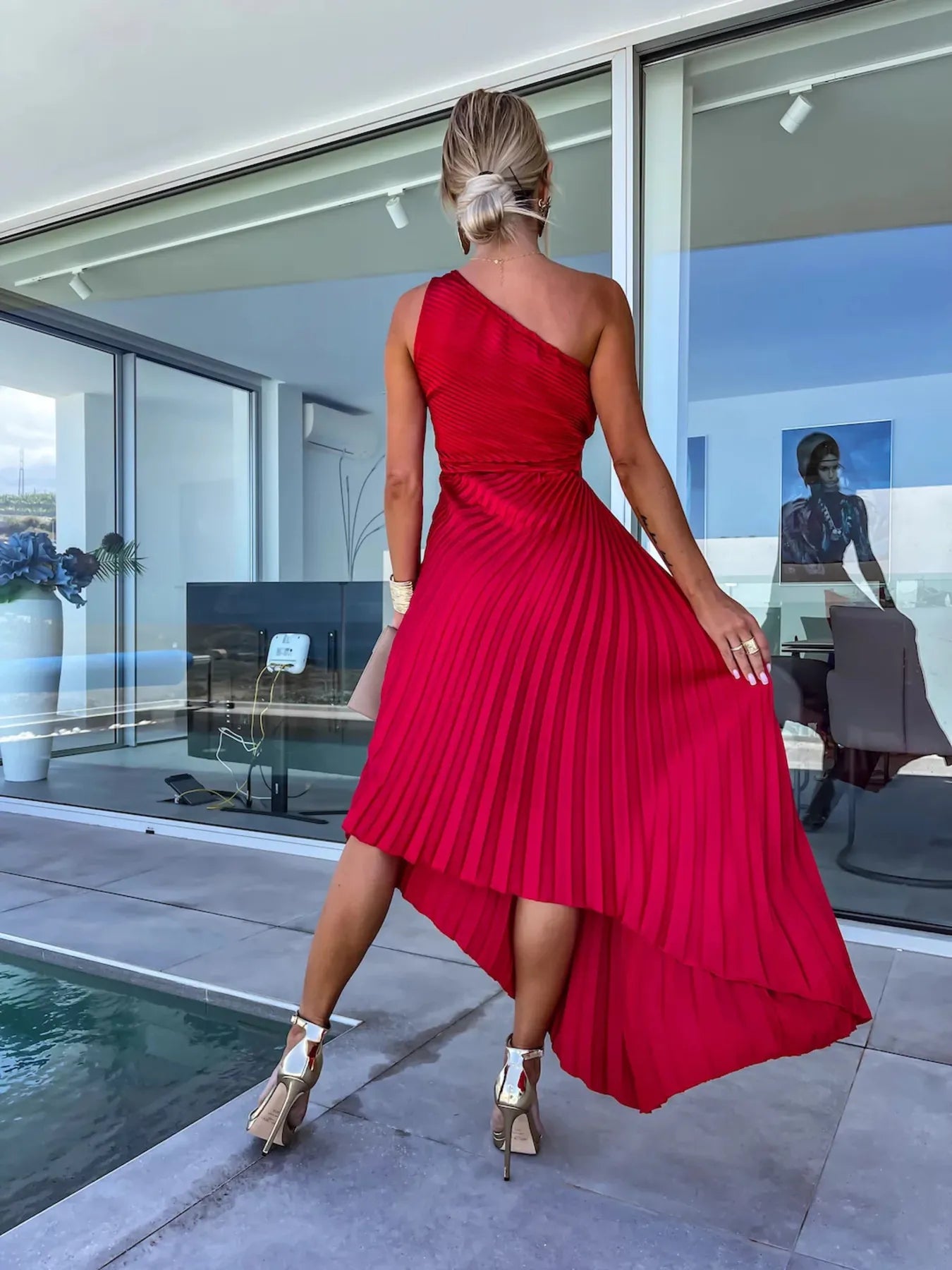 Full Size Single Shoulder Pleated Midi Dress Plus Size.