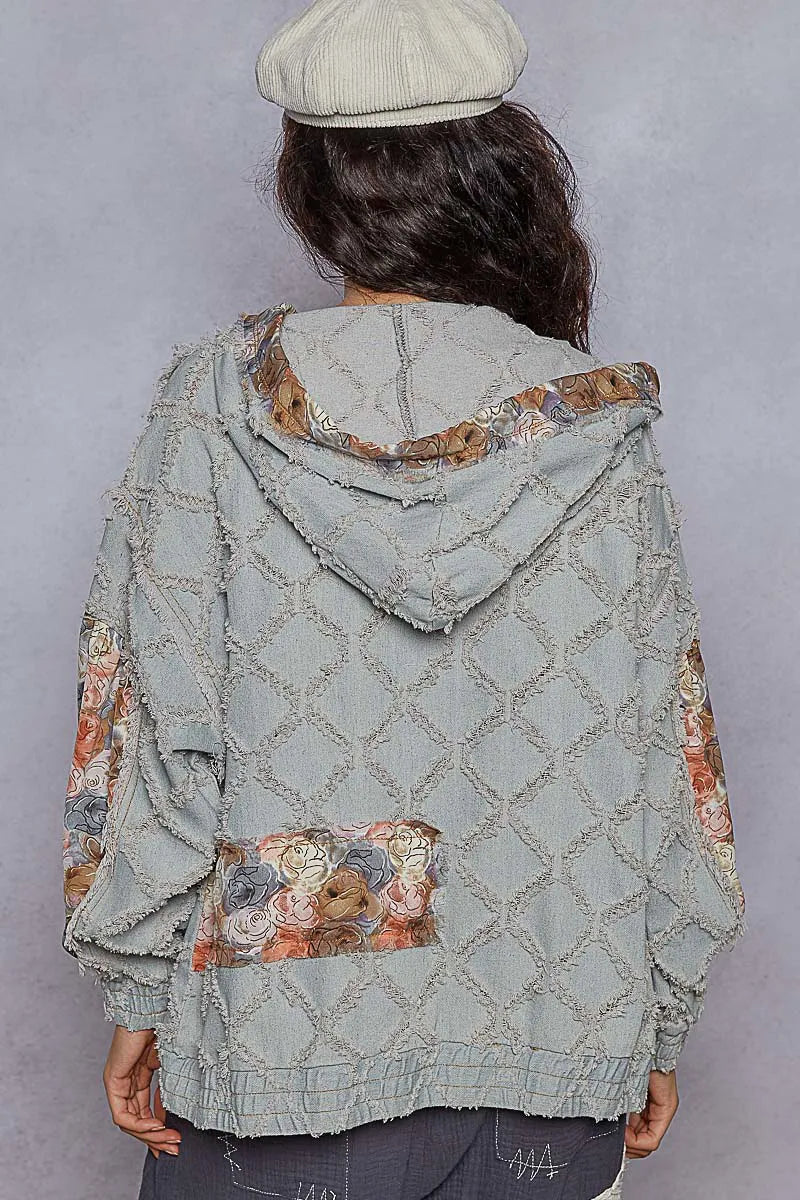 POL Zip Up Floral and Lace Patch Washed Denim Jacket.