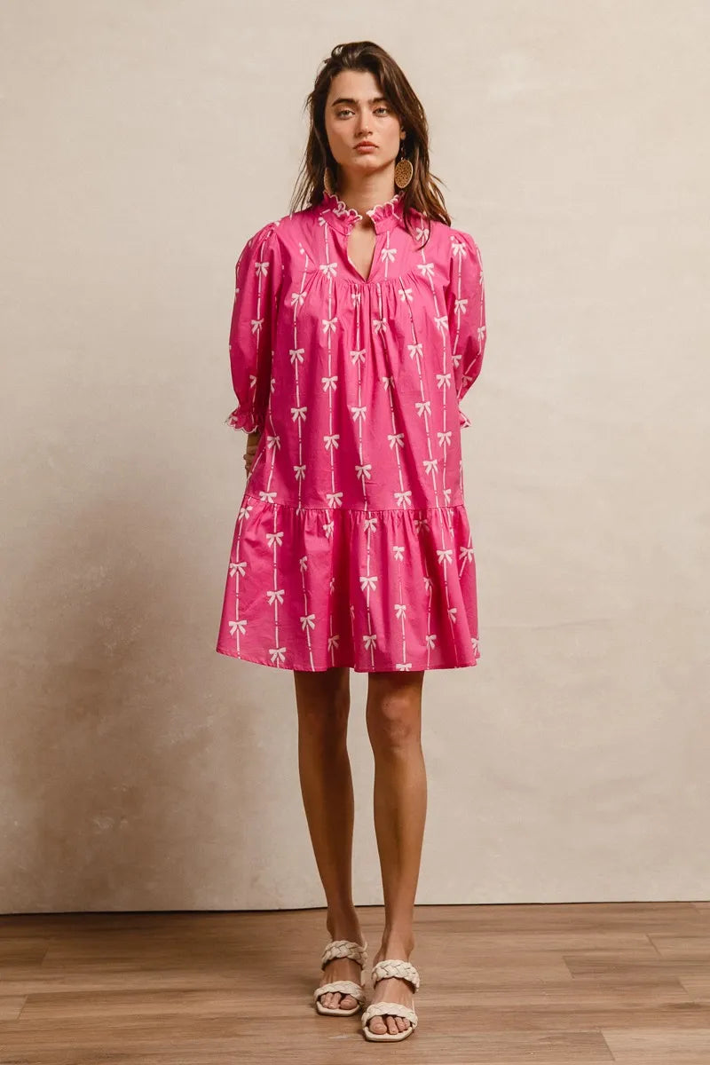 BiBi Ribbon Patterns With Scallops Edge Details Short Sleeve Dress Trendsi